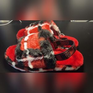 UGG Fluff Yeah Slide Backstrap Slippers 1131630K Plaid Punk Red Women’s Size 6